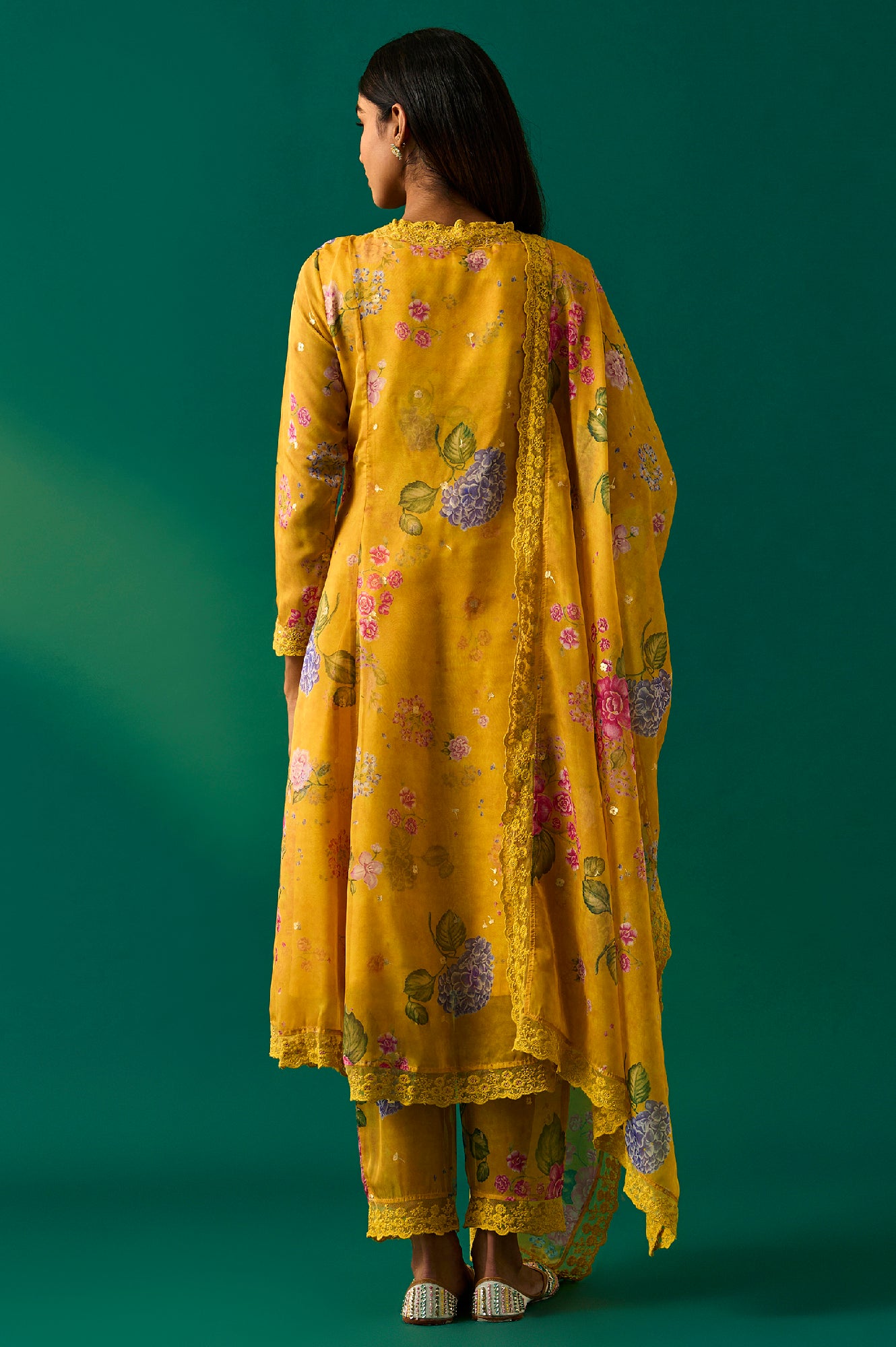 Yellow Floral Printed Organza Flared Kurta, Pants and Dupatta Set