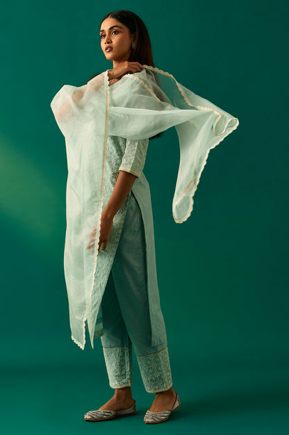 Light Blue Floral Printed Embroidered Tencel Straight Kurta, Pants and Dupatta Set