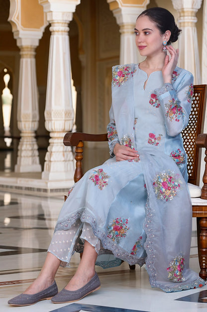 Blue Dori Embroidery Flared Organza Kurta, Pants and Dupatta Set