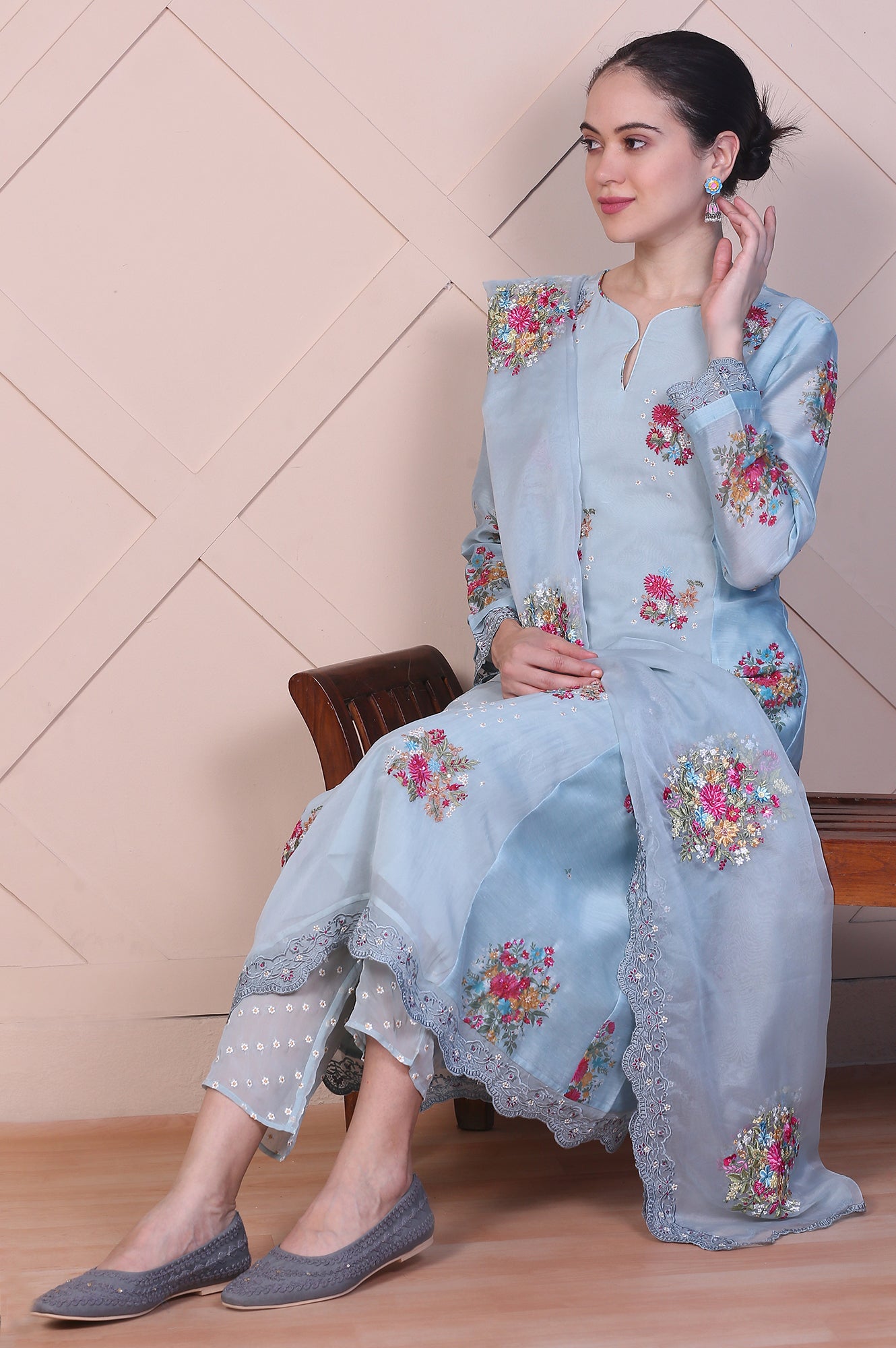 Blue Dori Embroidery Flared Organza Kurta, Pants and Dupatta Set