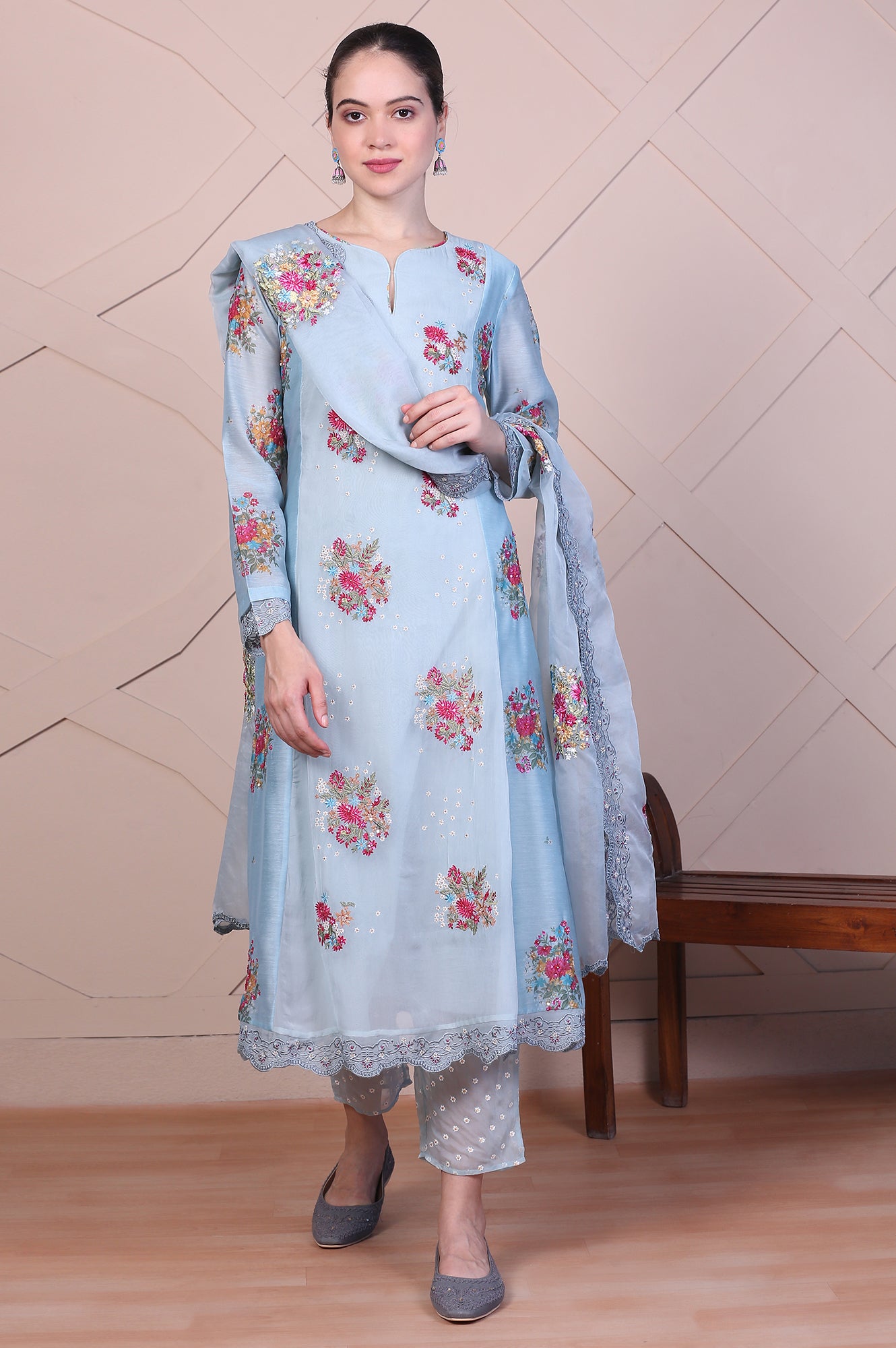 Blue Dori Embroidery Flared Organza Kurta, Pants and Dupatta Set