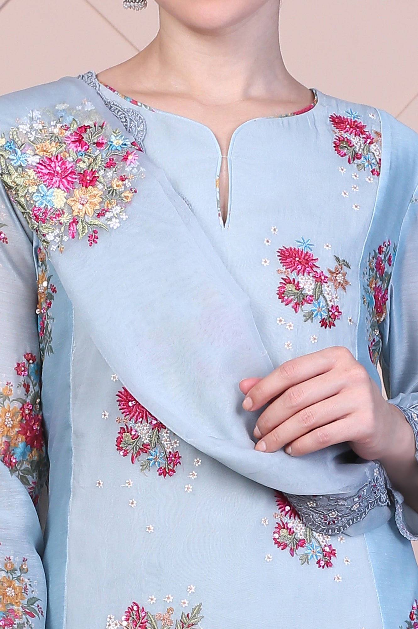 Blue Dori Embroidery Flared Organza Kurta, Pants and Dupatta Set