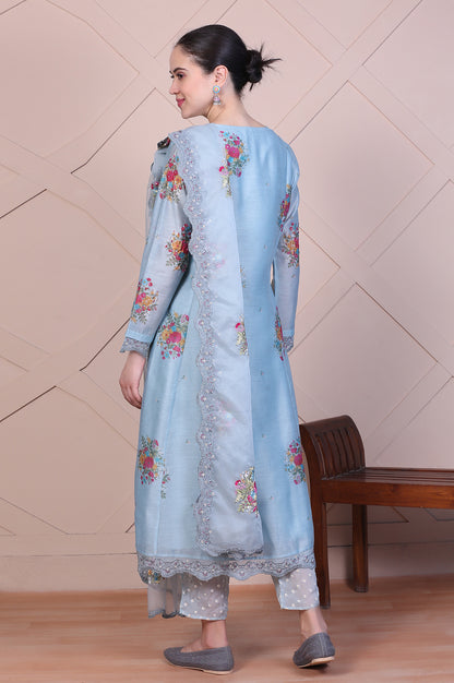 Blue Dori Embroidery Flared Organza Kurta, Pants and Dupatta Set