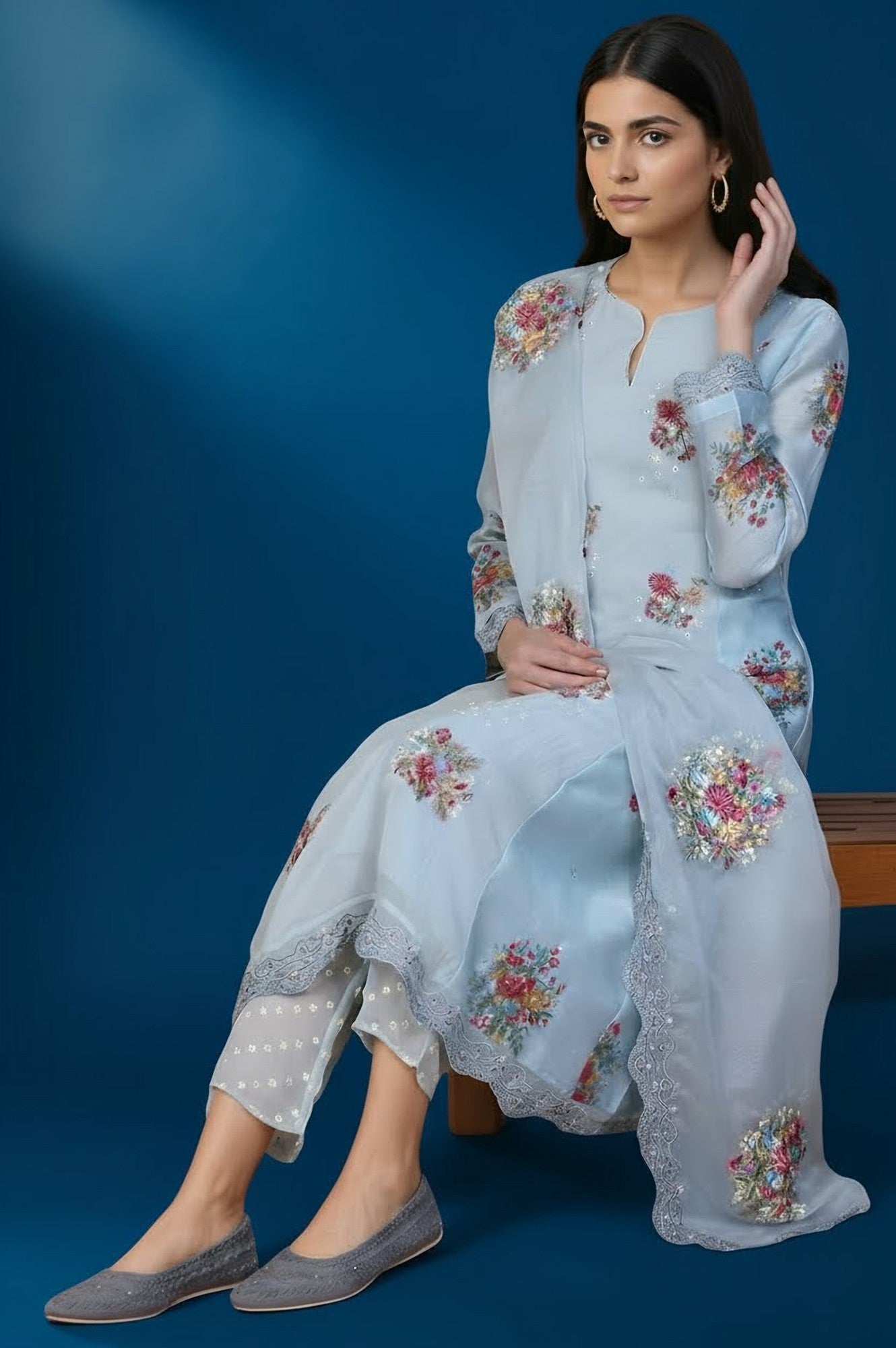 Blue Dori Embroidery Flared Organza Kurta, Pants and Dupatta Set