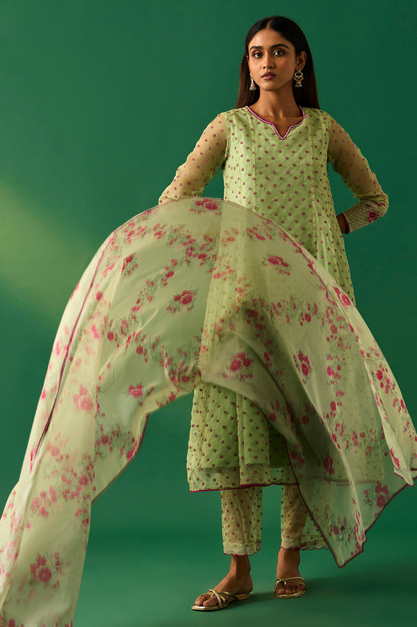Green Embroidered Organza Flared Kurta, Pant and Printed Dupatta Set