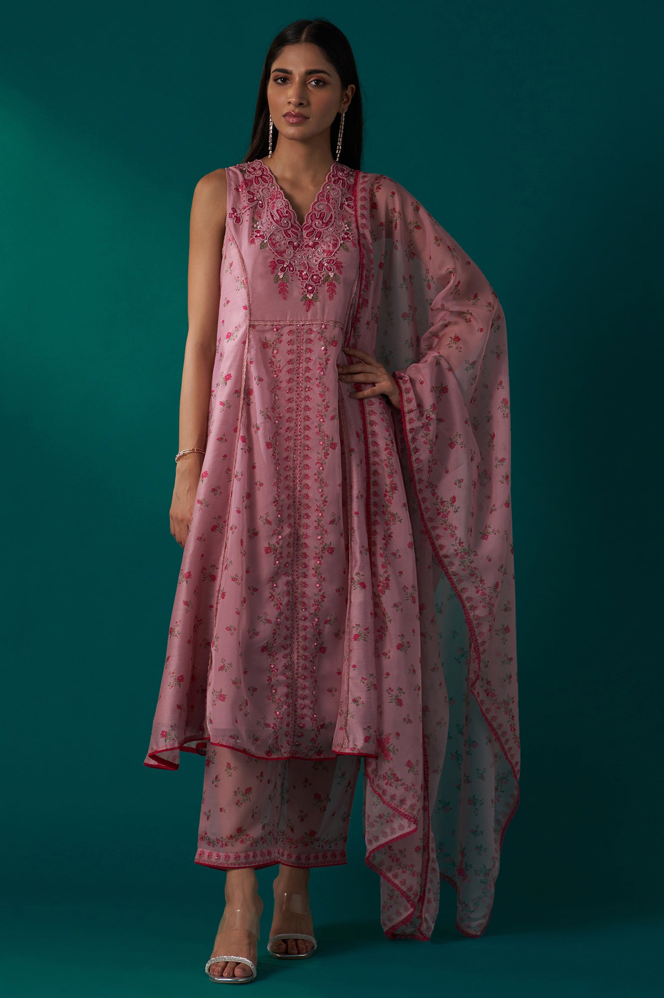 Pink Floral Printed Dori Embroidered Sleeveless Flared Kurta, Pants and Dupatta Set