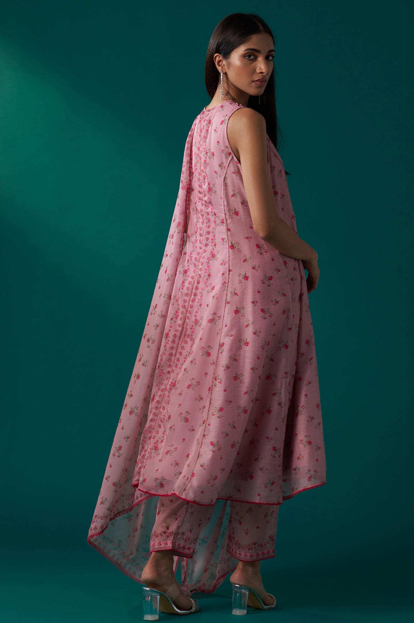 Pink Floral Printed Dori Embroidered Sleeveless Flared Kurta, Pants and Dupatta Set
