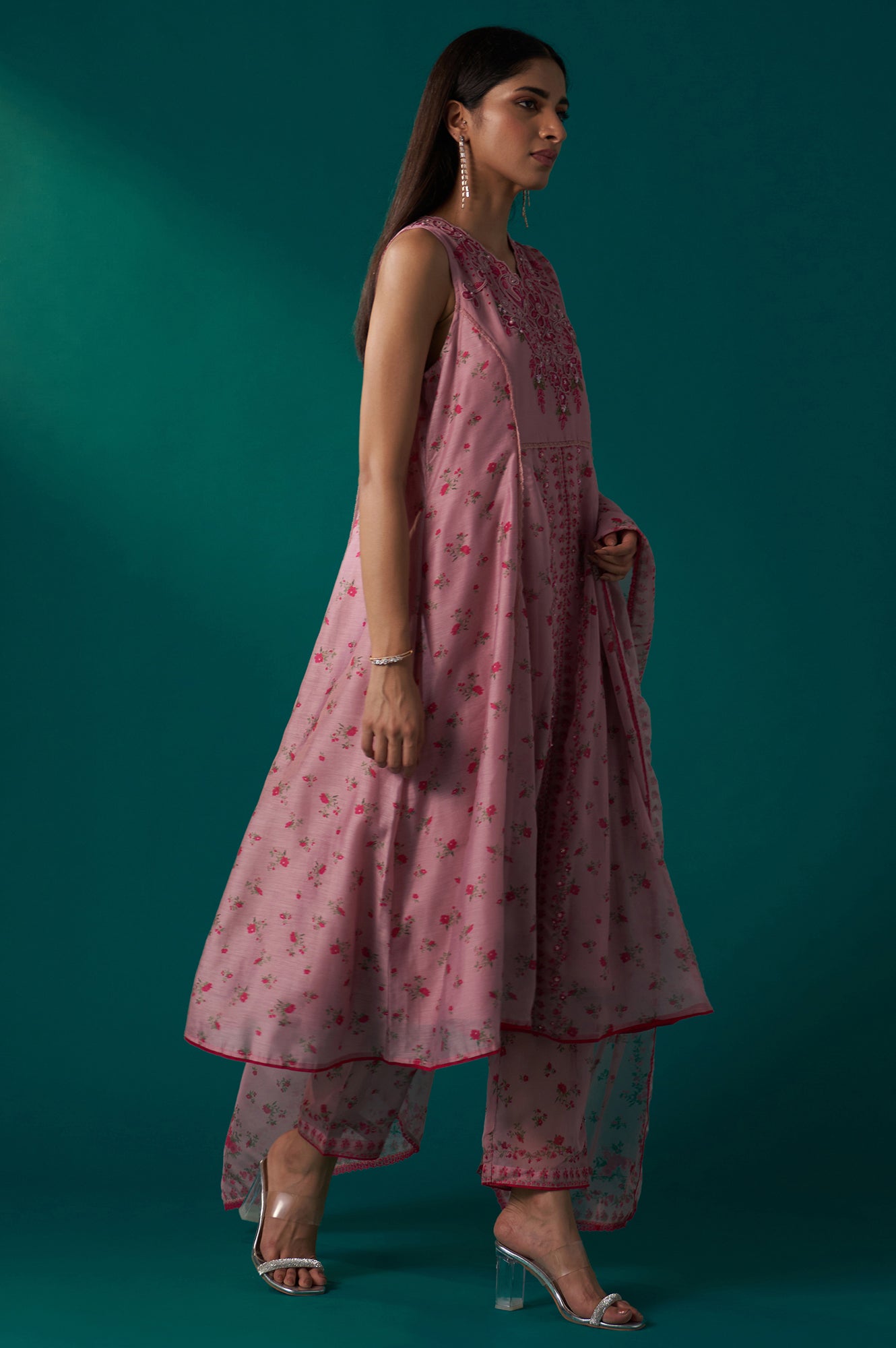 Pink Floral Printed Dori Embroidered Sleeveless Flared Kurta, Pants and Dupatta Set