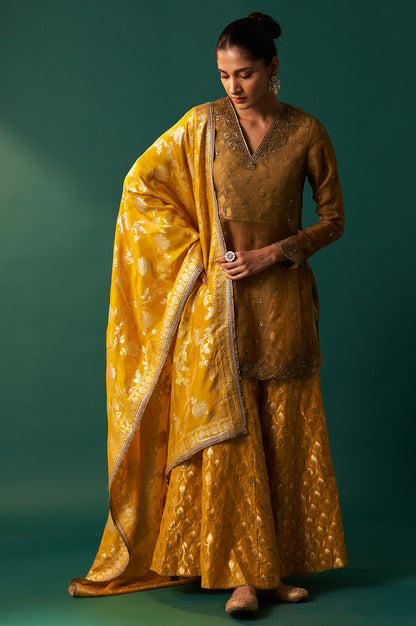 Mustard Solid Printed Silk Organza Straight Kurta, Culotte and Dupatta Set