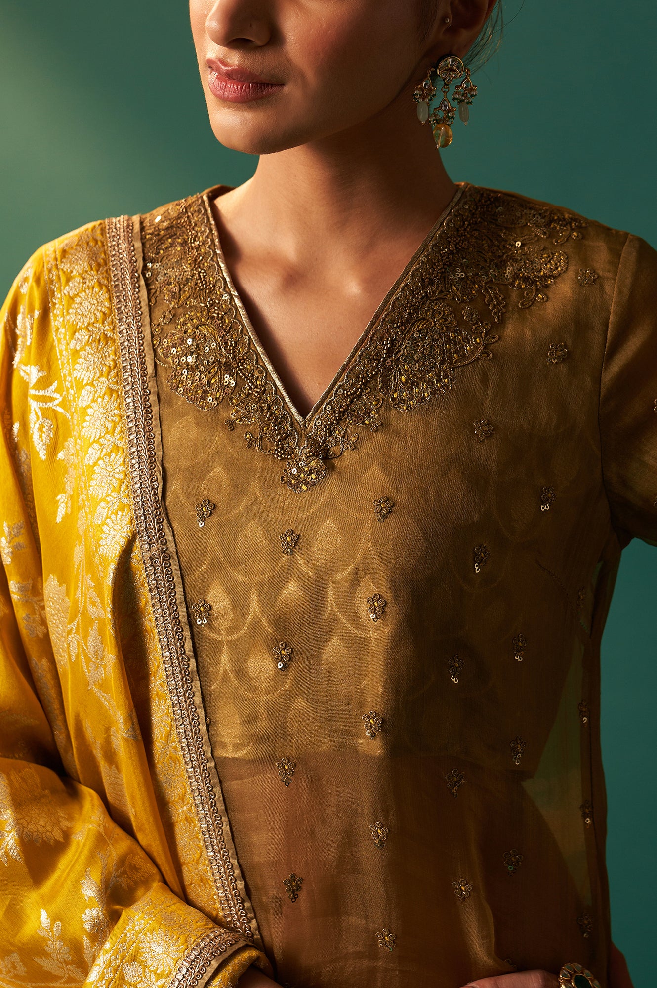 Mustard Solid Printed Silk Organza Straight Kurta, Culotte and Dupatta Set
