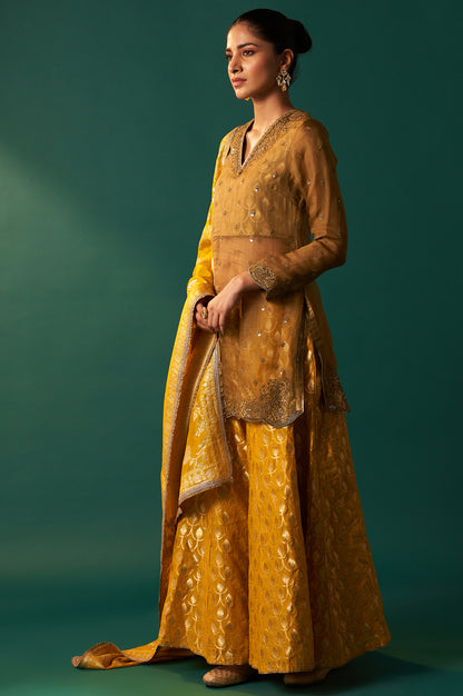 Mustard Solid Printed Silk Organza Straight Kurta, Culotte and Dupatta Set