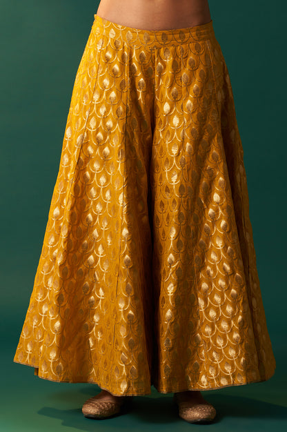 Mustard Solid Printed Silk Organza Straight Kurta, Culotte and Dupatta Set