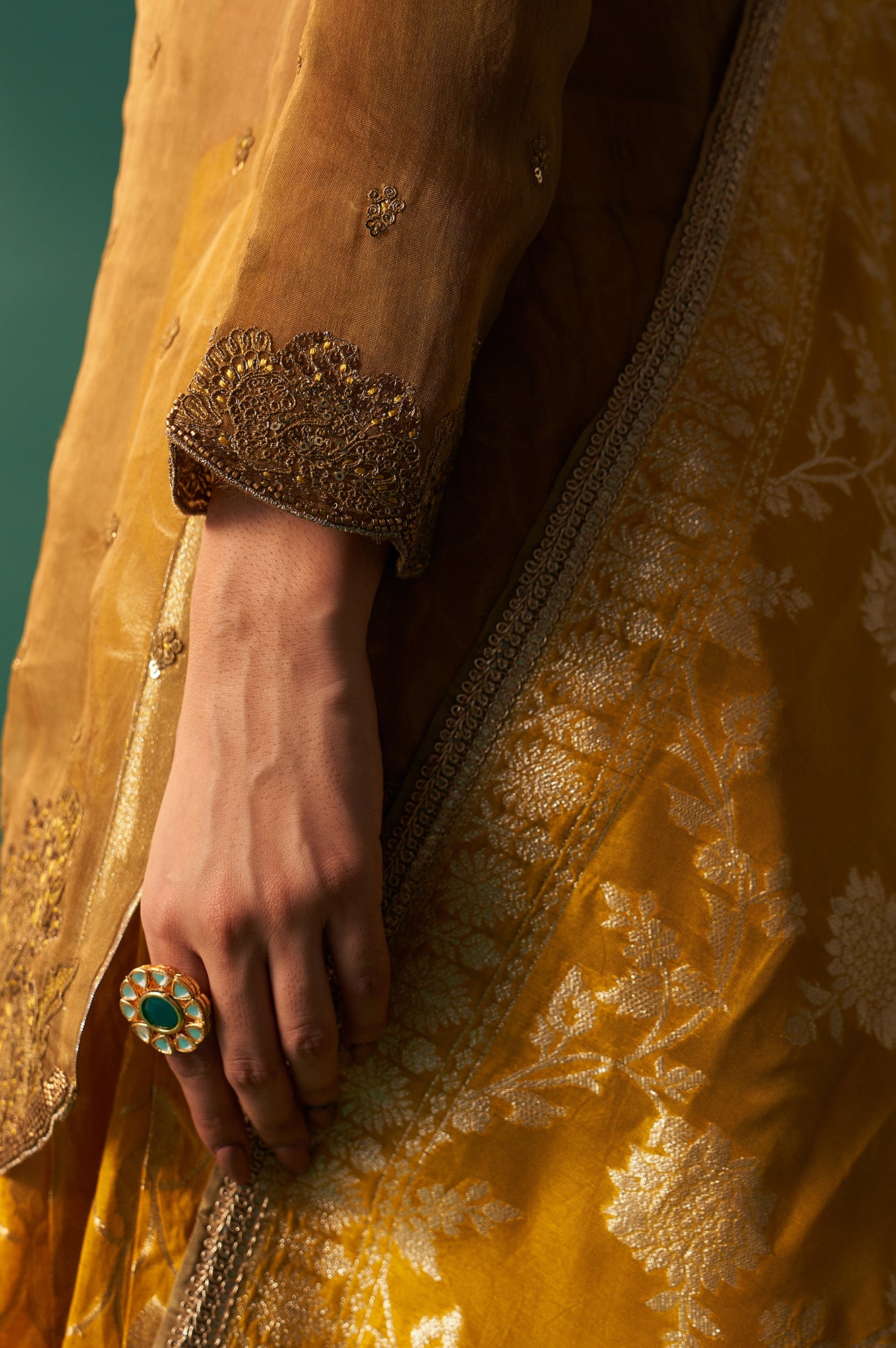 Mustard Solid Printed Silk Organza Straight Kurta, Culotte and Dupatta Set