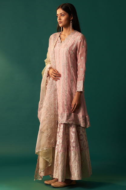 Lilac Embroidered Panelled Silk Organza Short Kurta with Culotte and Dupatta Set