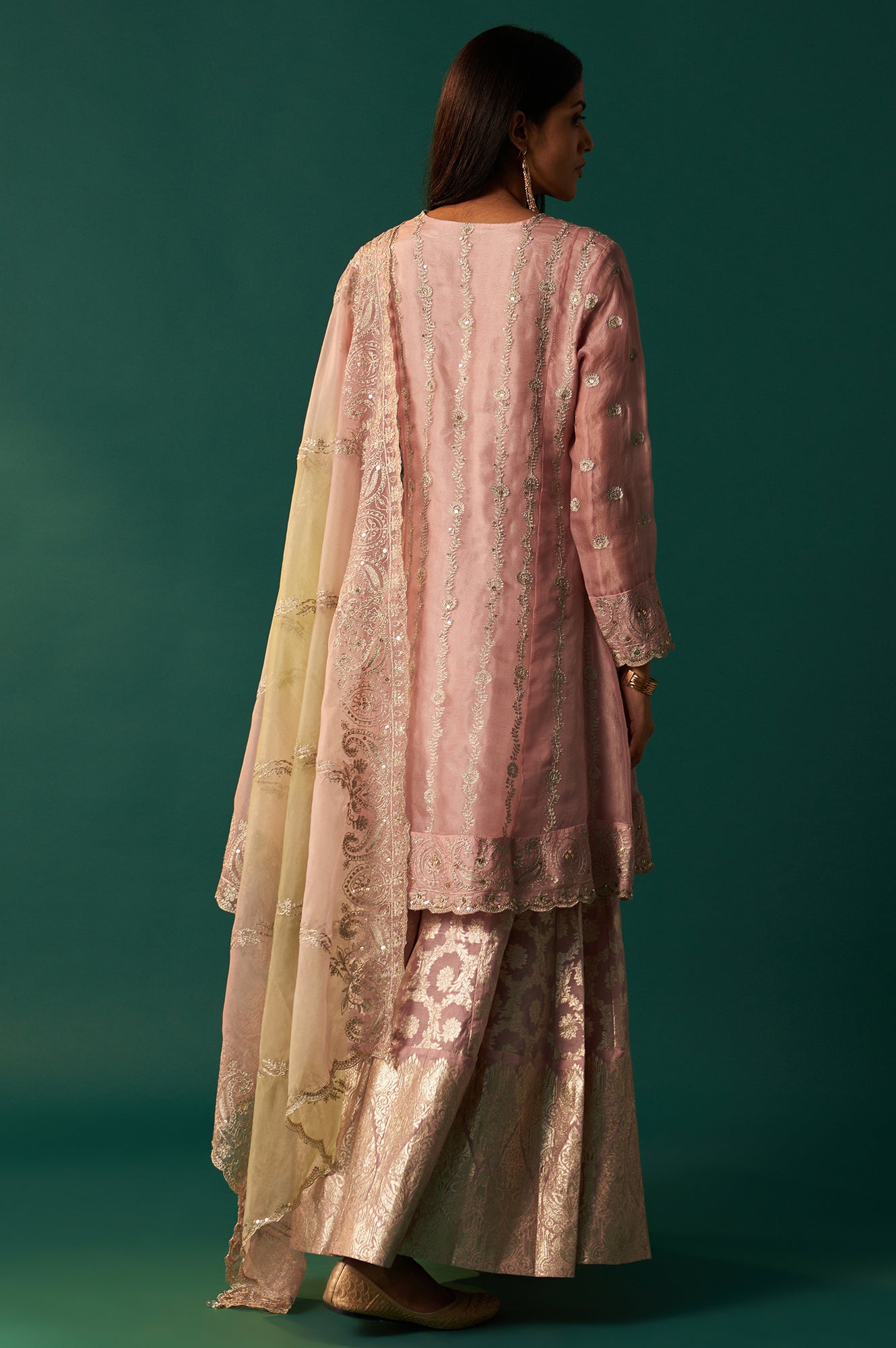 Lilac Embroidered Panelled Silk Organza Short Kurta with Culotte and Dupatta Set