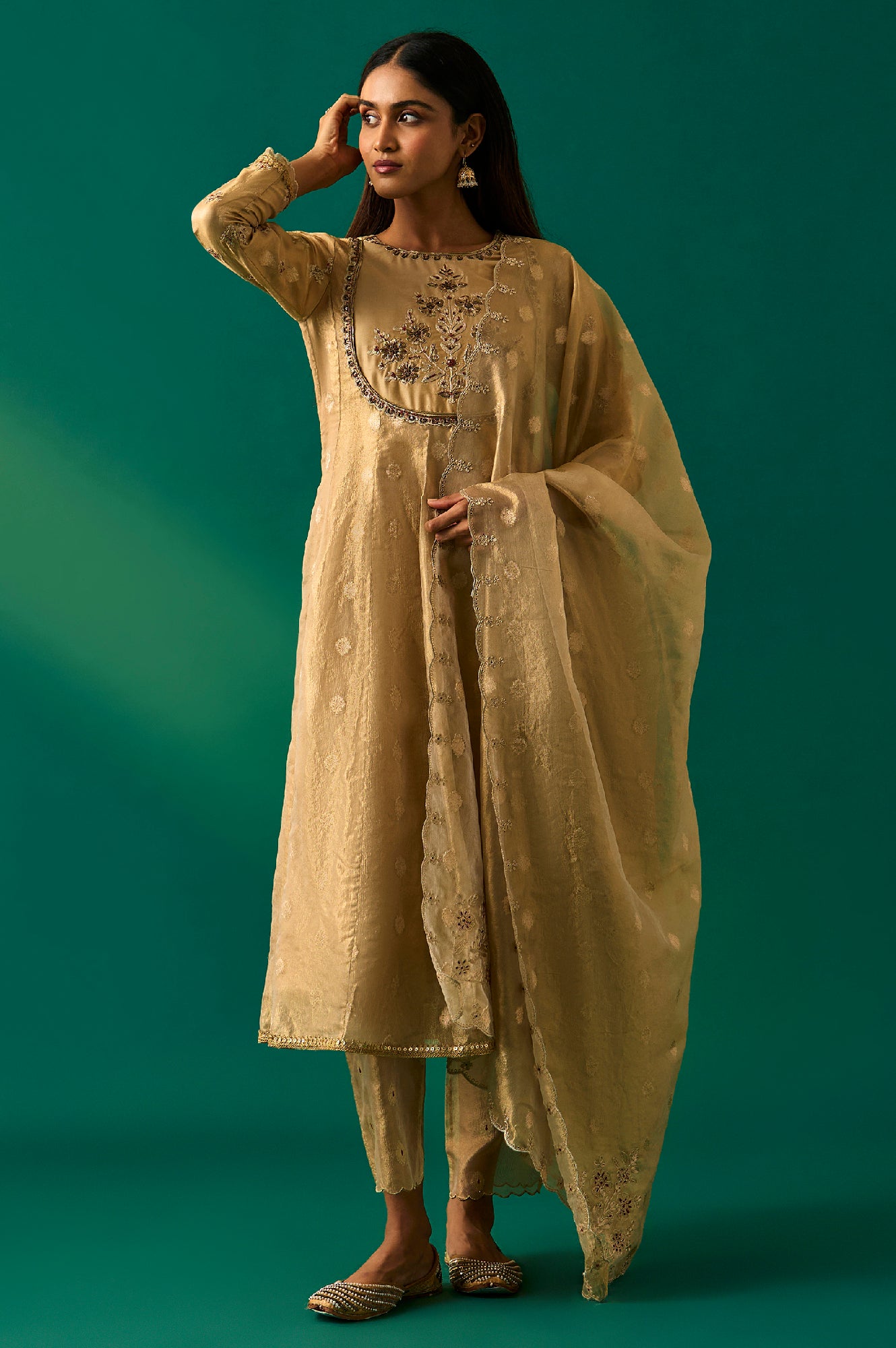Golden Metallic Emroidered Tissue Jacquard Festive Anarkali Kurta, Pants and Dupatta Set