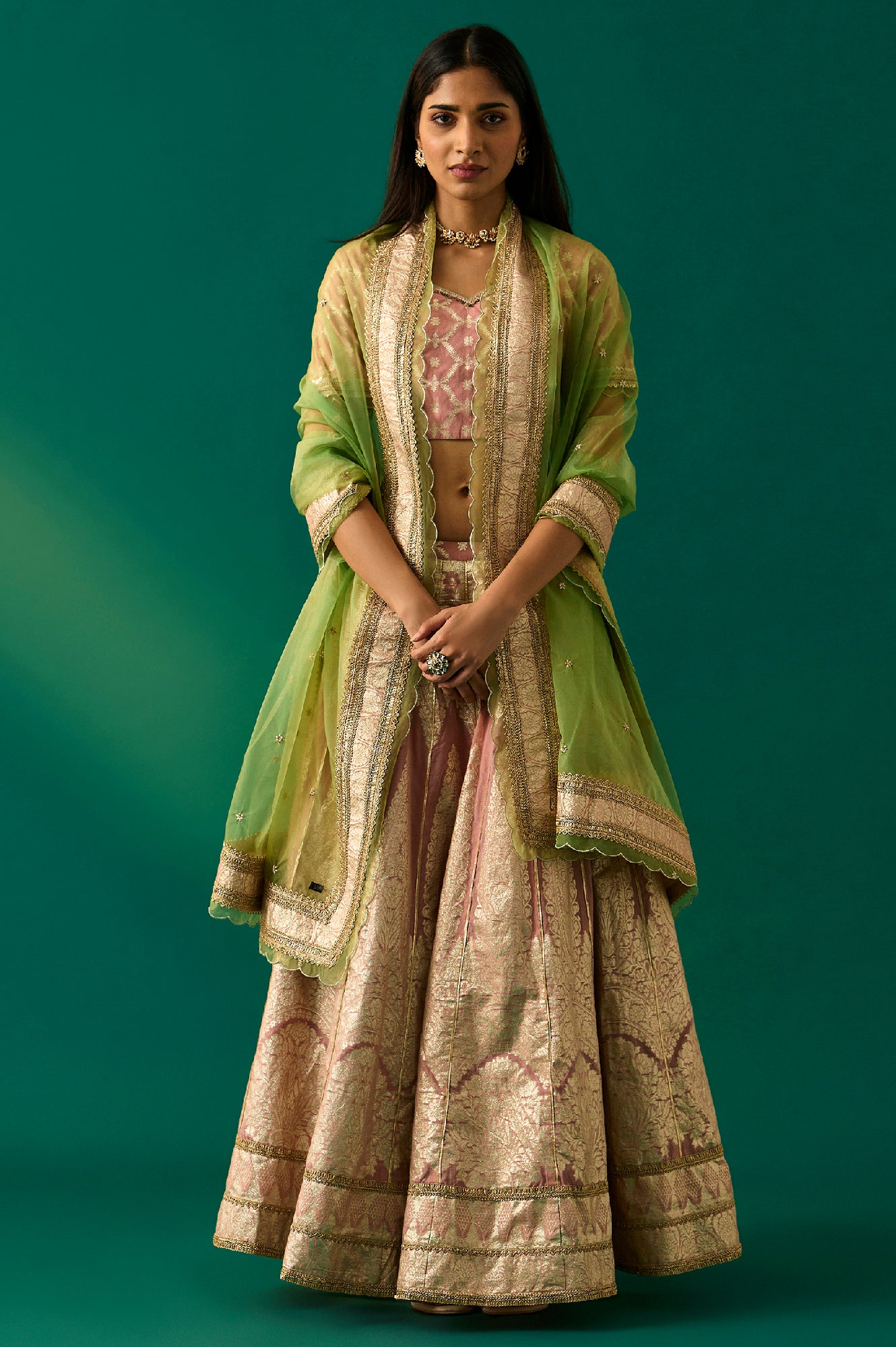 Pink Embroidered Jacquard Blouse, Flared Lehenga and Dupatta Set