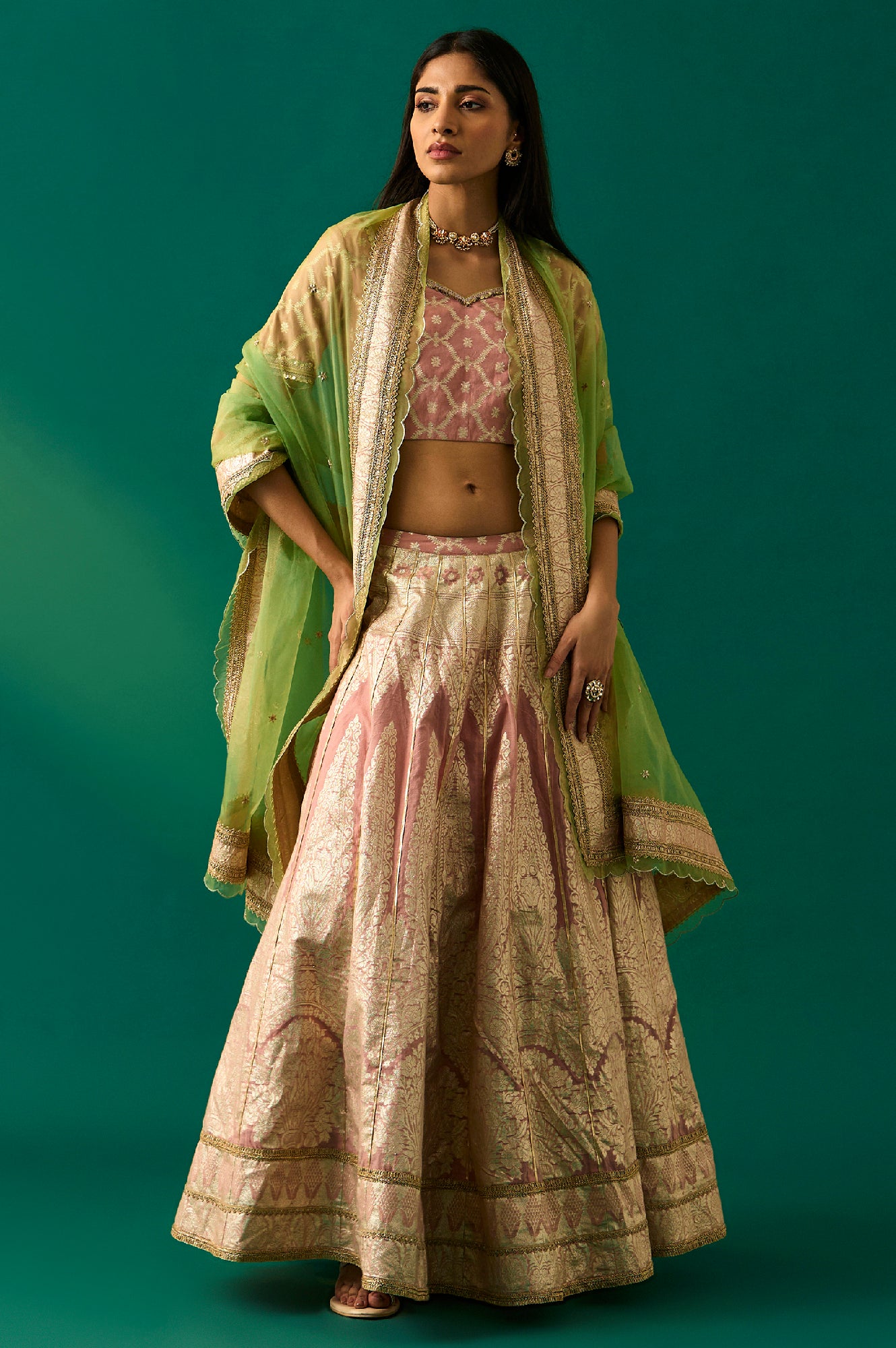 Pink Embroidered Jacquard Blouse, Flared Lehenga and Dupatta Set