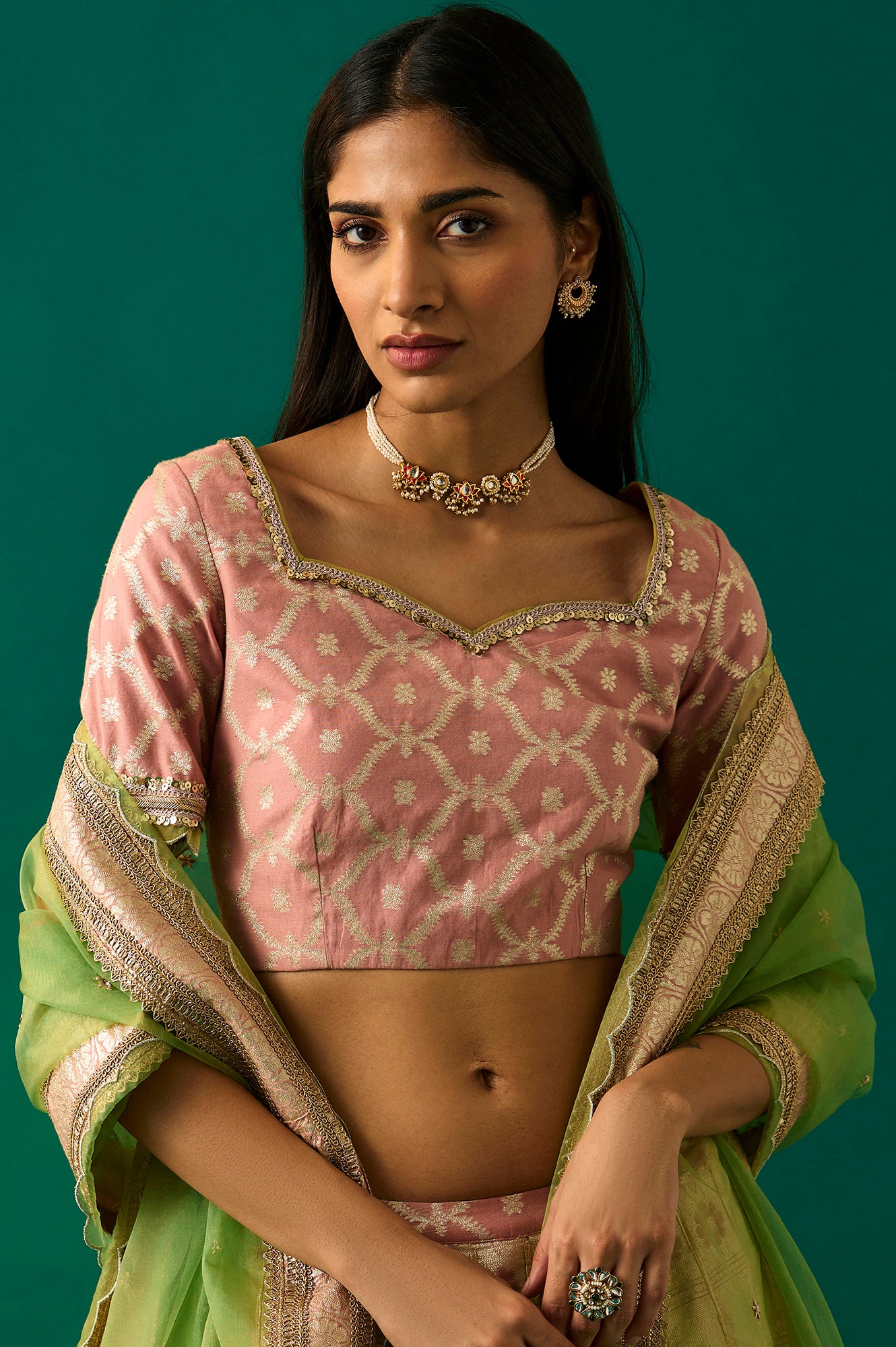 Pink Embroidered Jacquard Blouse, Flared Lehenga and Dupatta Set