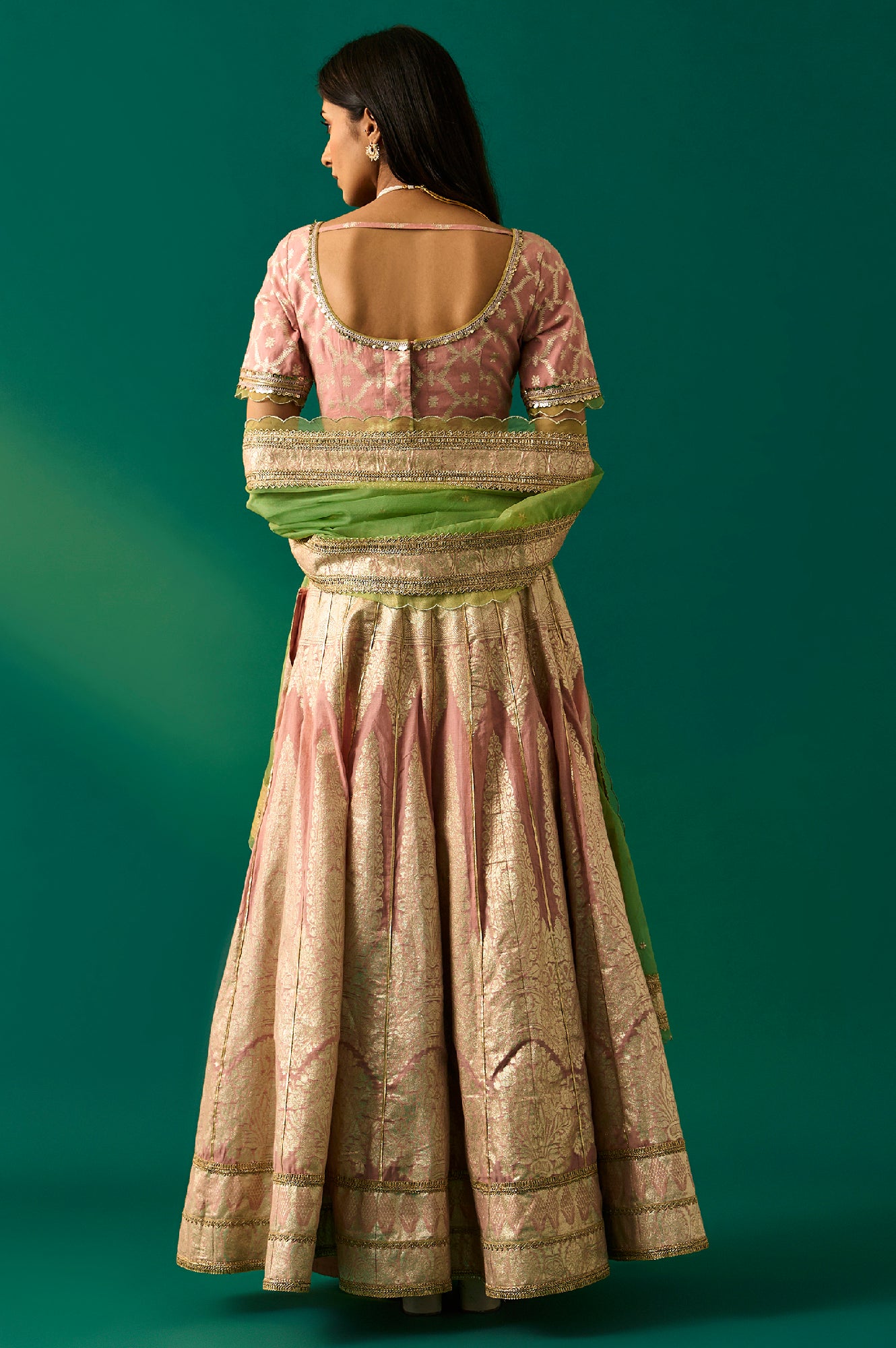 Pink Embroidered Jacquard Blouse, Flared Lehenga and Dupatta Set
