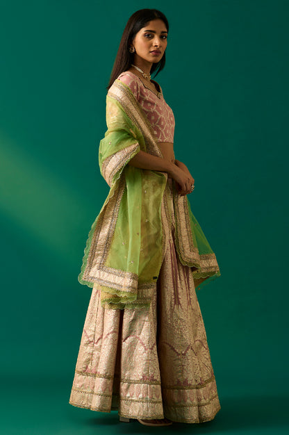 Pink Embroidered Jacquard Blouse, Flared Lehenga and Dupatta Set