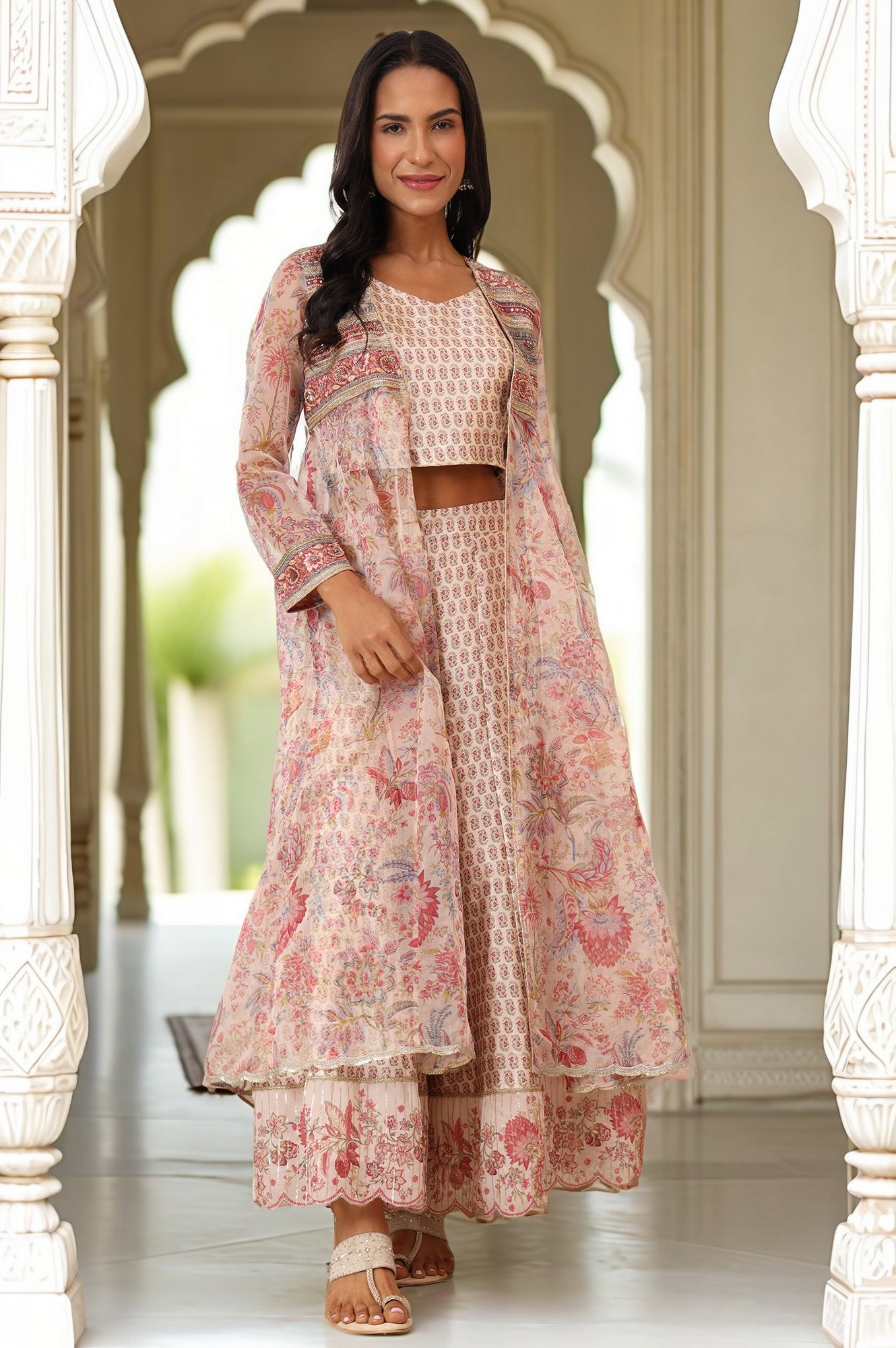 Salmon Pink Chintz Printed Organza Jacket, Crop Top and Culottes Set