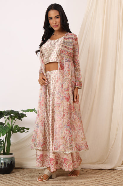 Salmon Pink Chintz Printed Organza Jacket, Crop Top and Culottes Set