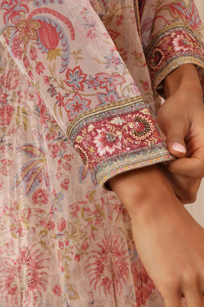 Salmon Pink Chintz Printed Organza Jacket, Crop Top and Culottes Set