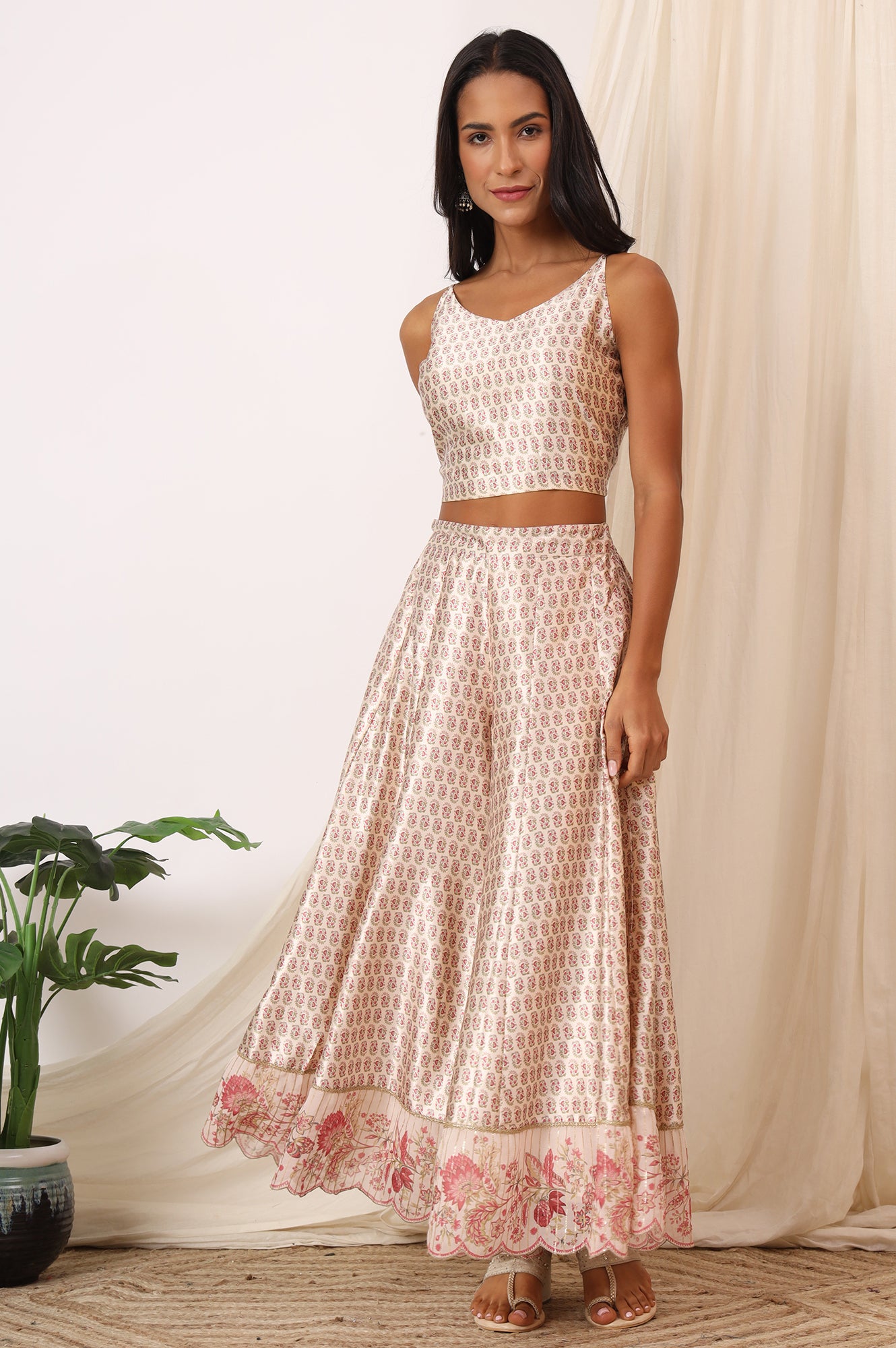 Salmon Pink Chintz Printed Organza Jacket, Crop Top and Culottes Set