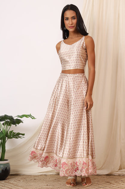 Salmon Pink Chintz Printed Organza Jacket, Crop Top and Culottes Set
