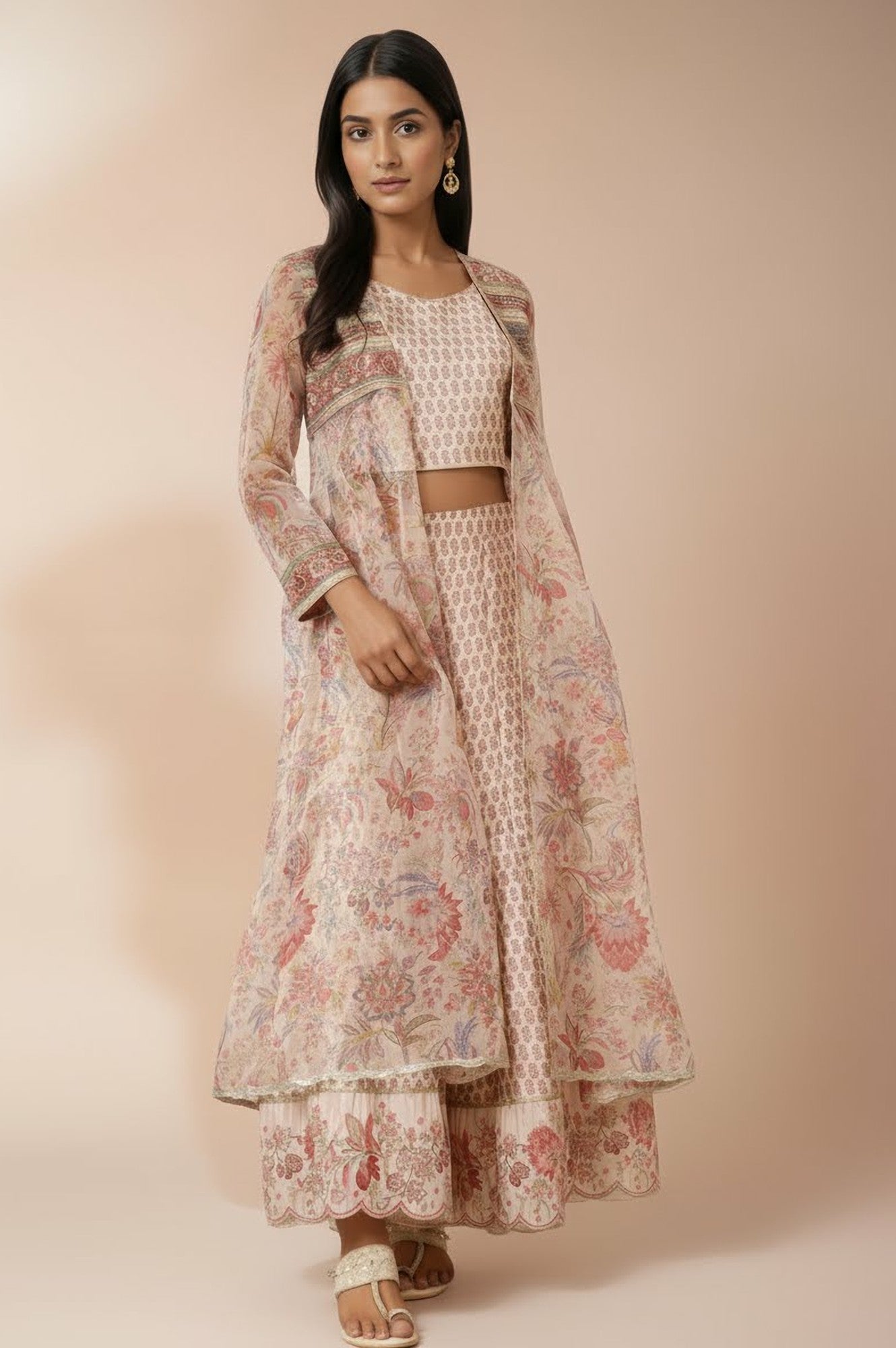 Salmon Pink Chintz Printed Organza Jacket, Crop Top and Culottes Set