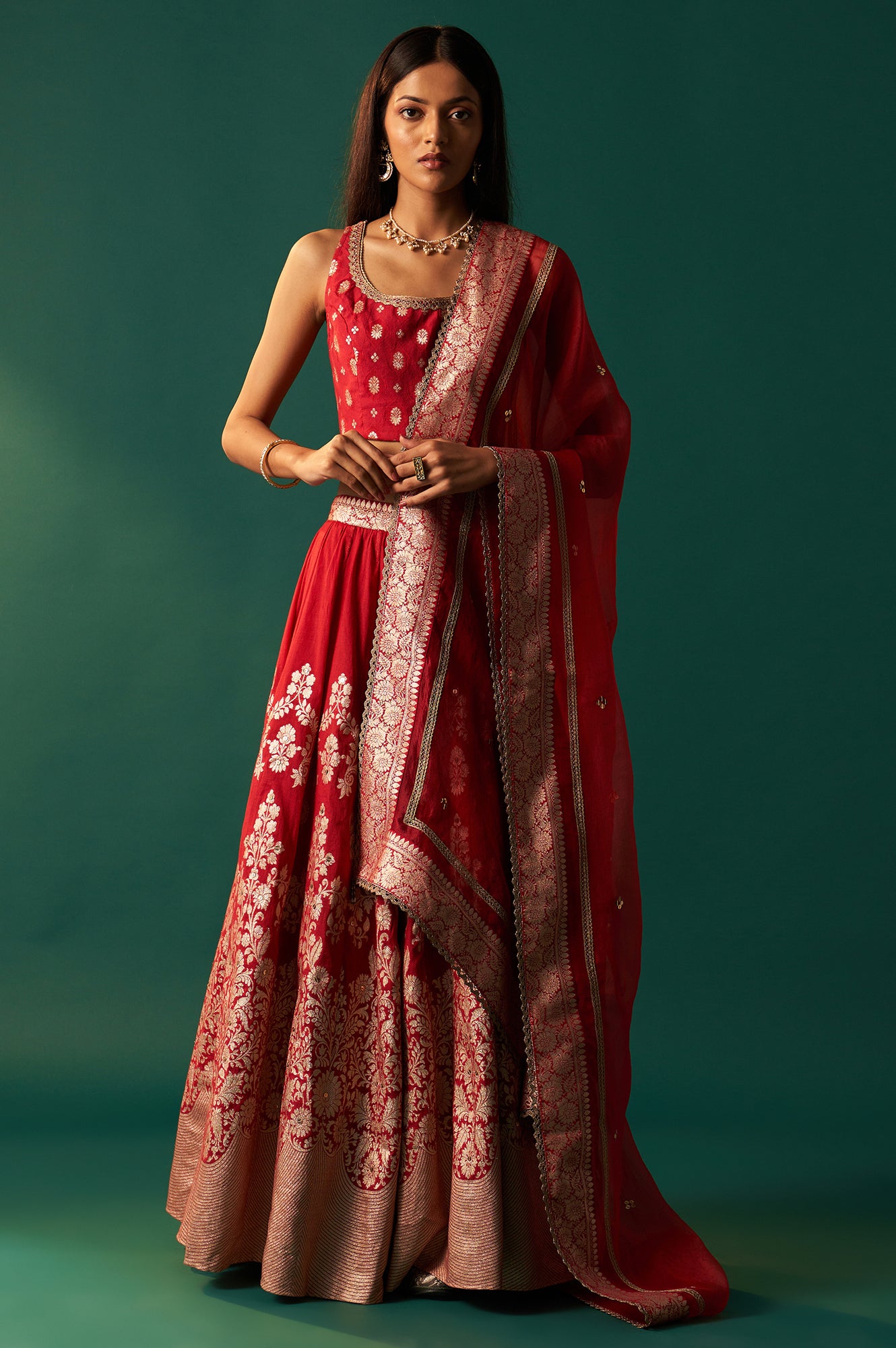 Red Zari Embroidered Jacquard Blouse with Flared Skirt and Dupatta Set
