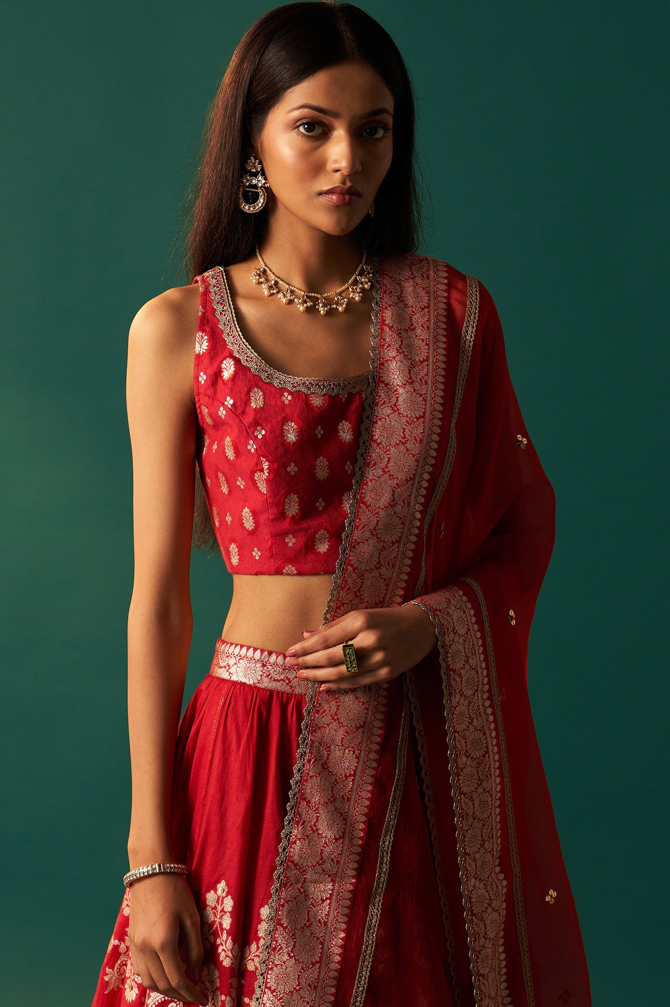Red Zari Embroidered Jacquard Blouse with Flared Skirt and Dupatta Set