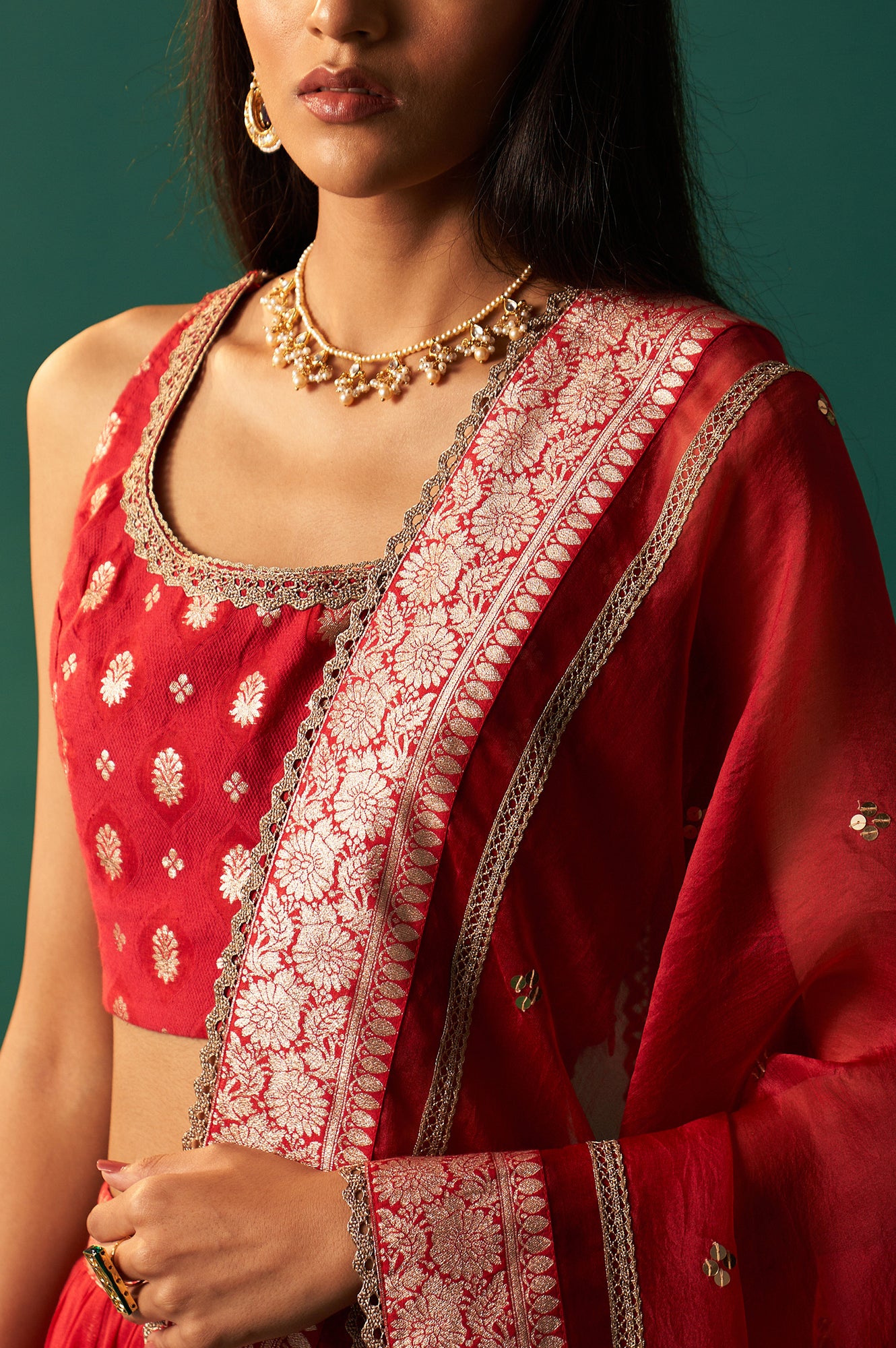Red Zari Embroidered Jacquard Blouse with Flared Skirt and Dupatta Set