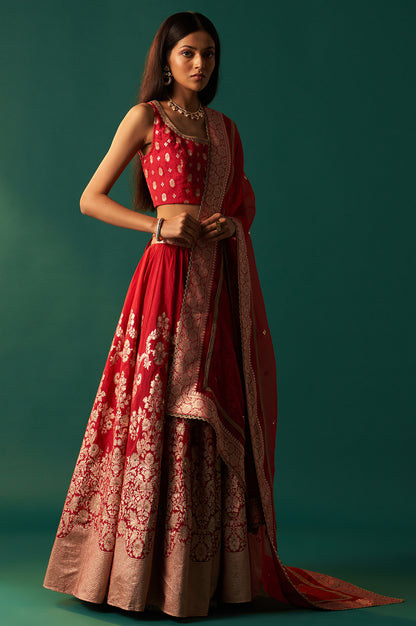 Red Zari Embroidered Jacquard Blouse with Flared Skirt and Dupatta Set