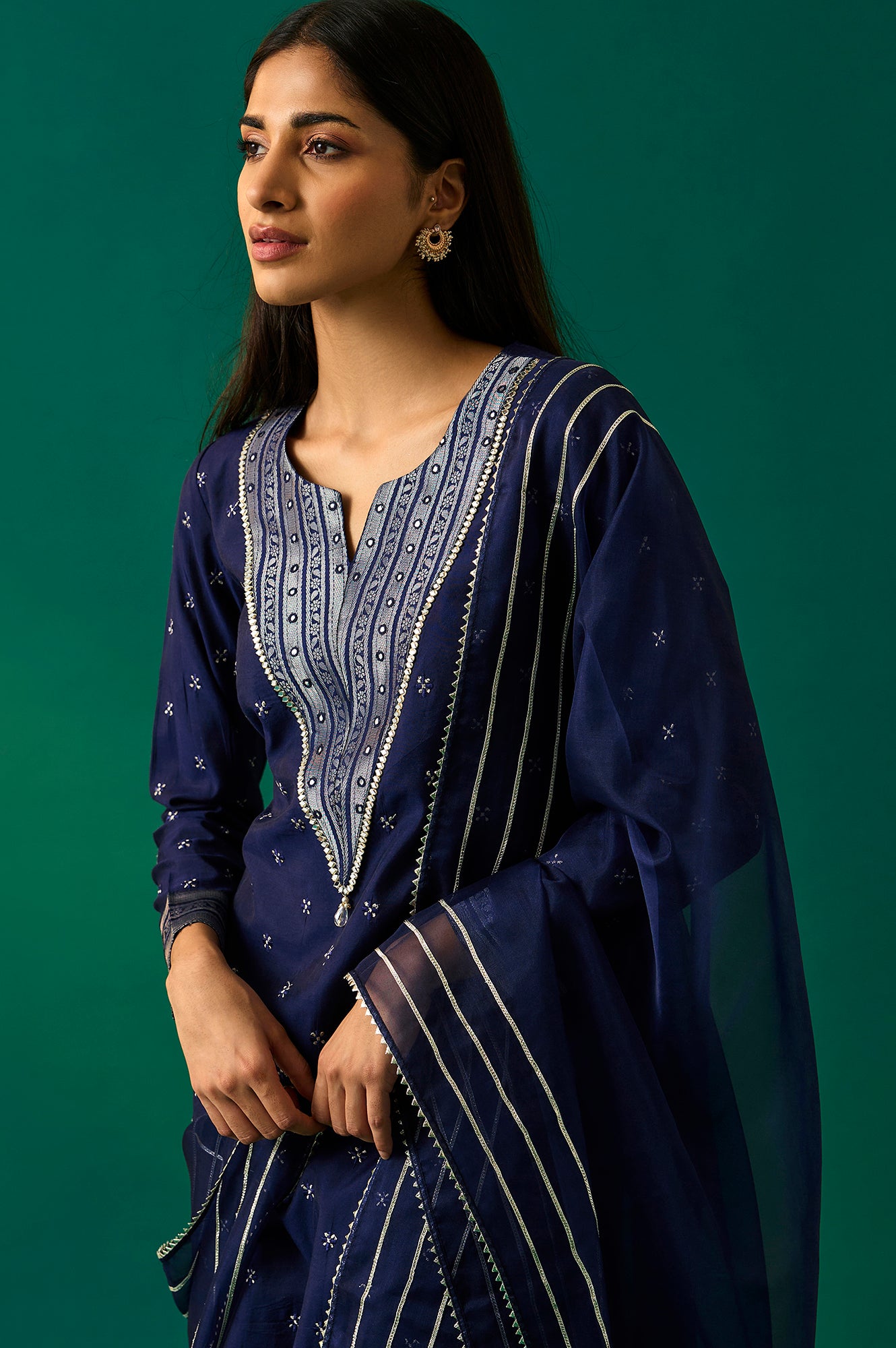 Navy Blue Embroidered Straight Kurta and Pants Co-ord Set main image 1