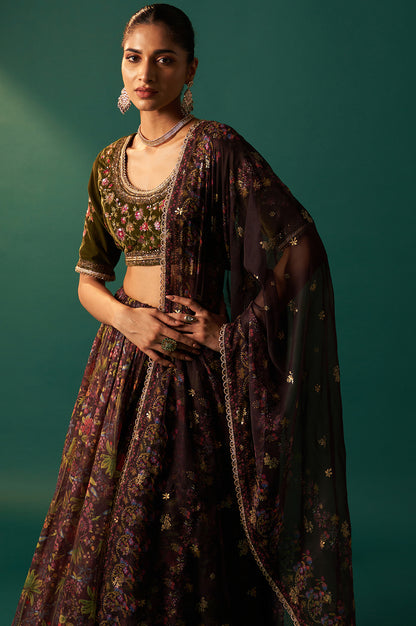 Green Embroidered Velvet Blouse with Floral Printed Skirt and Dupatta Set