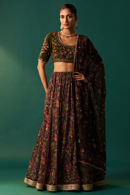 Green Embroidered Velvet Blouse with Floral Printed Skirt and Dupatta Set