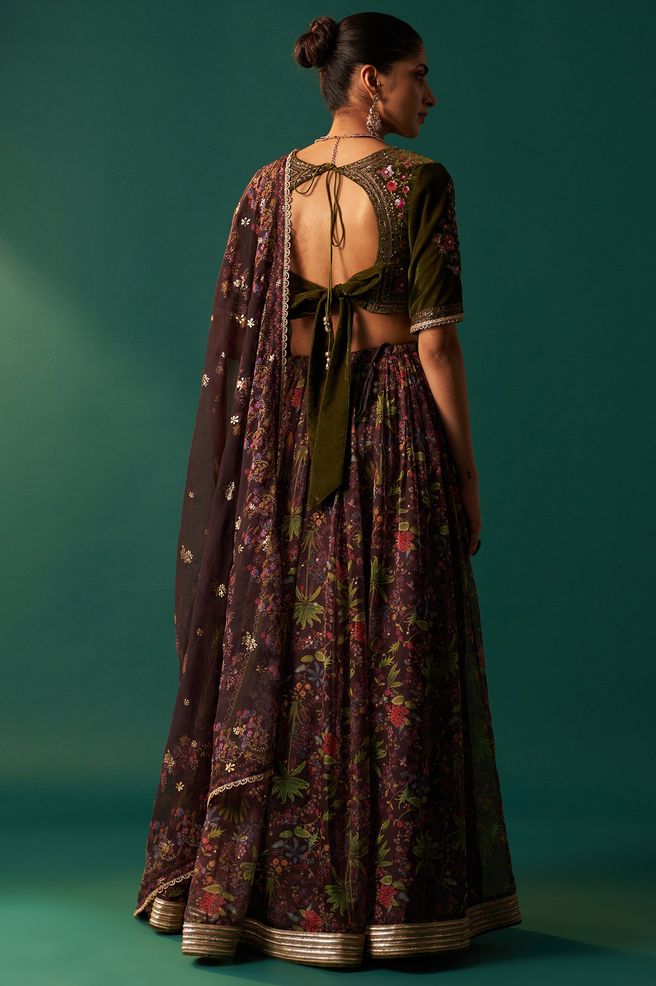 Green Embroidered Velvet Blouse with Floral Printed Skirt and Dupatta Set