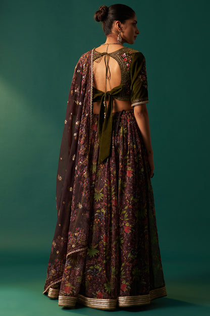 Green Embroidered Velvet Blouse with Floral Printed Skirt and Dupatta Set