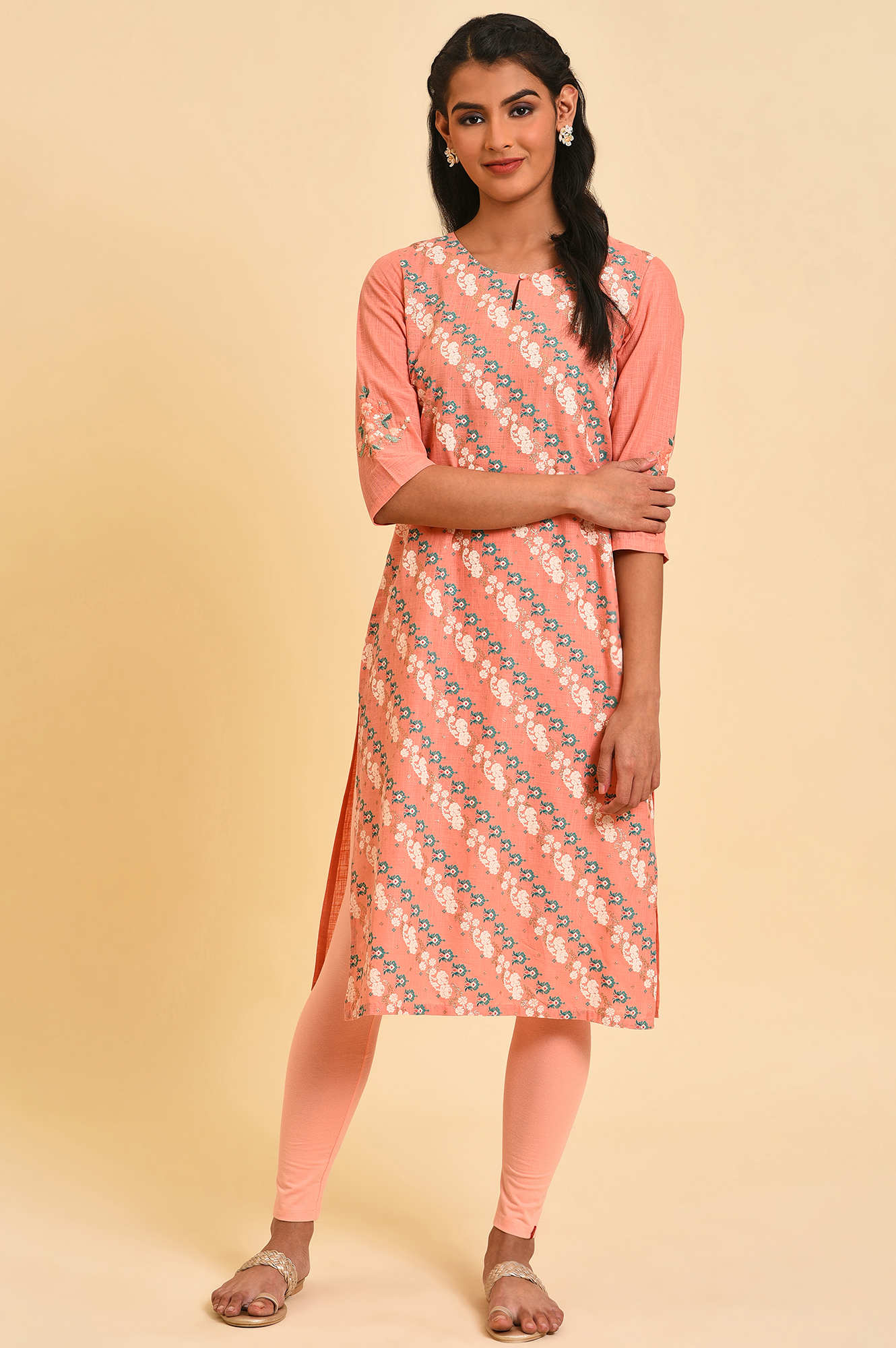 Peach Glitter Printed Pure Cotton Straight Kurta and Leggings Set