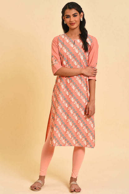 Peach Glitter Printed Pure Cotton Straight Kurta and Leggings Set