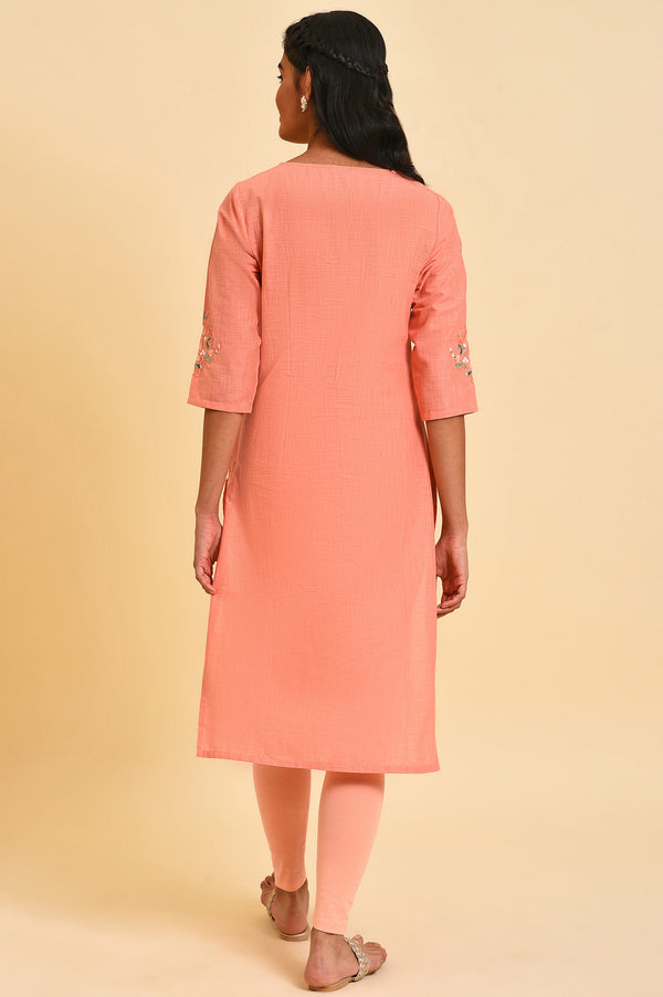 Peach Glitter Printed Pure Cotton Straight Kurta and Leggings Set