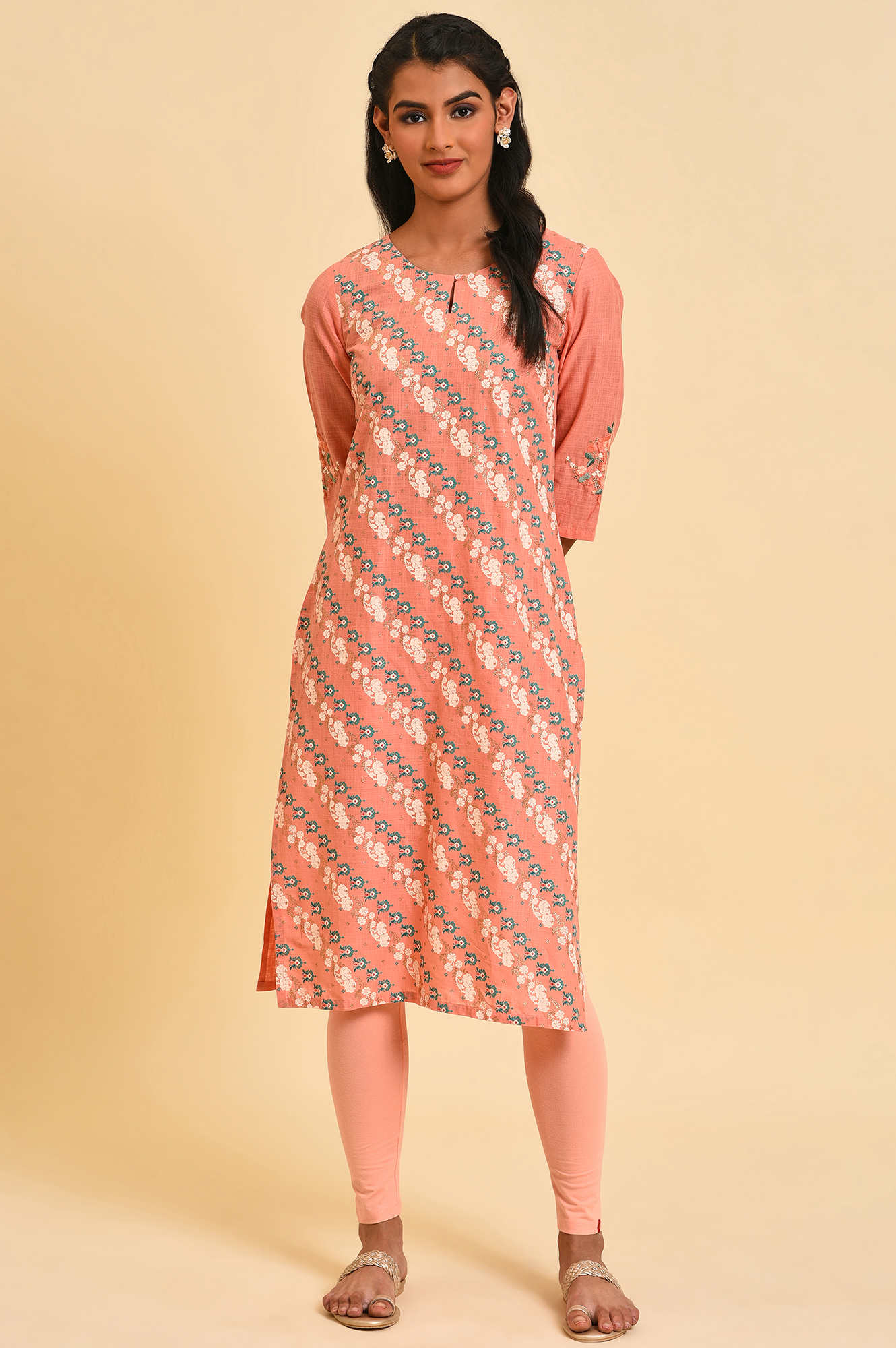 Peach Glitter Printed Pure Cotton Straight Kurta and Leggings Set