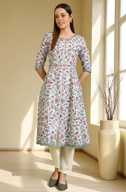 Light Blue Floral Glitter Printed Pure Cotton Anarkali Kurta