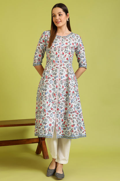 Light Blue Floral Glitter Printed Pure Cotton Anarkali Kurta