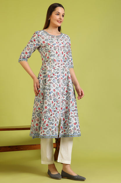 Light Blue Floral Glitter Printed Pure Cotton Anarkali Kurta