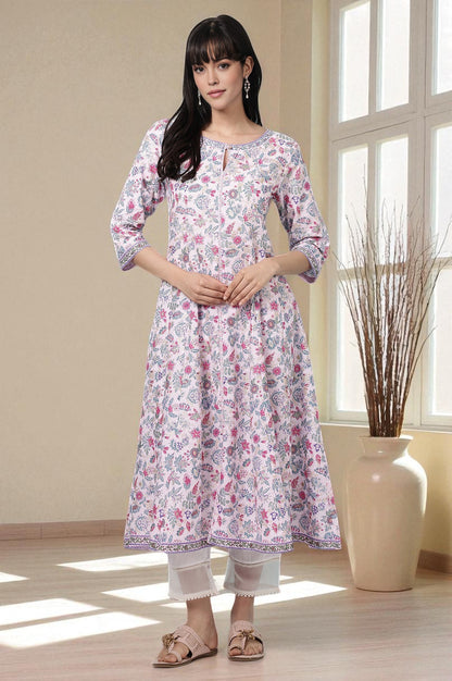 Pink Floral Glitter Printed Pure Cotton Anarkali Kurta