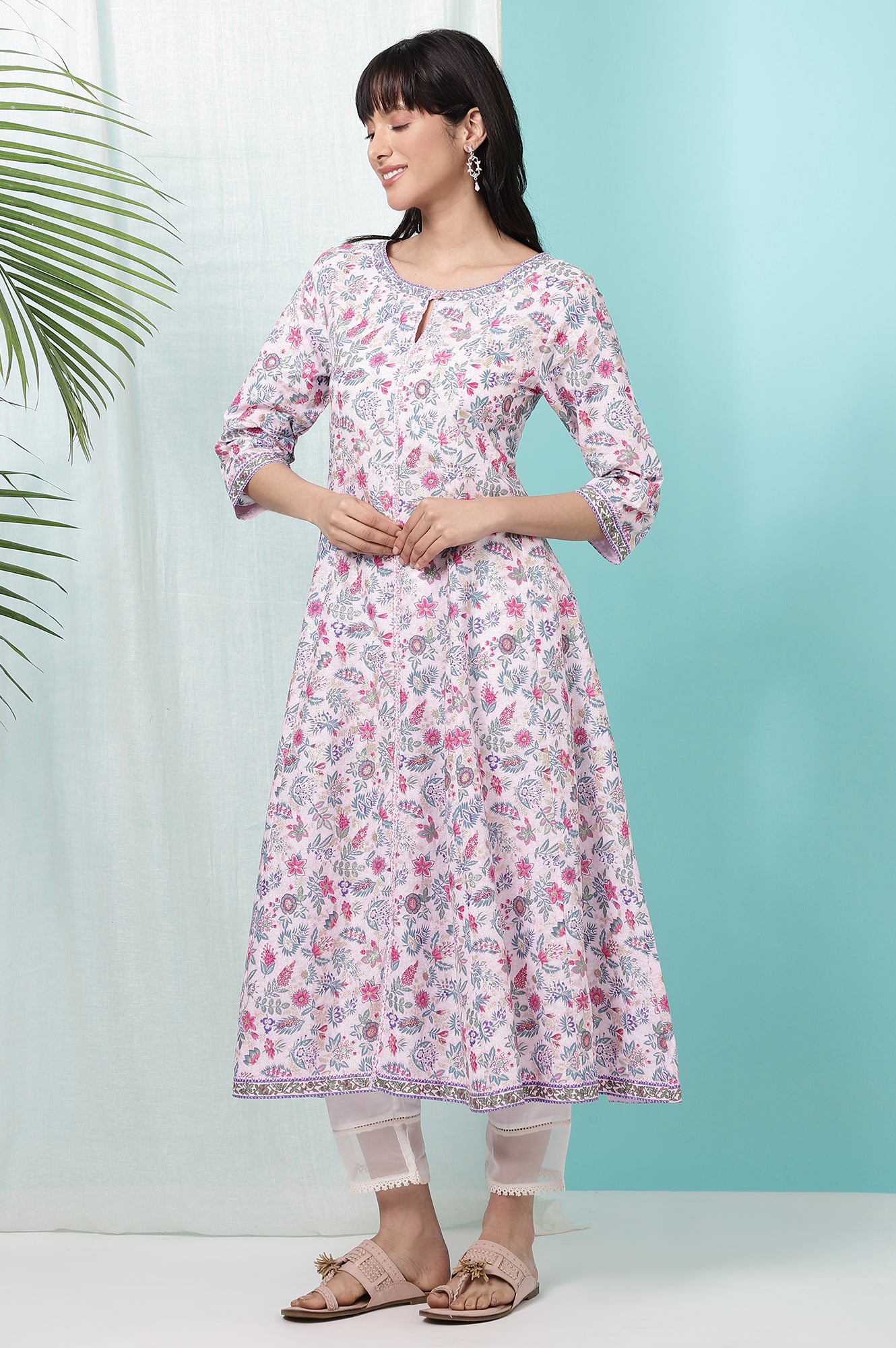 Pink Floral Glitter Printed Pure Cotton Anarkali Kurta