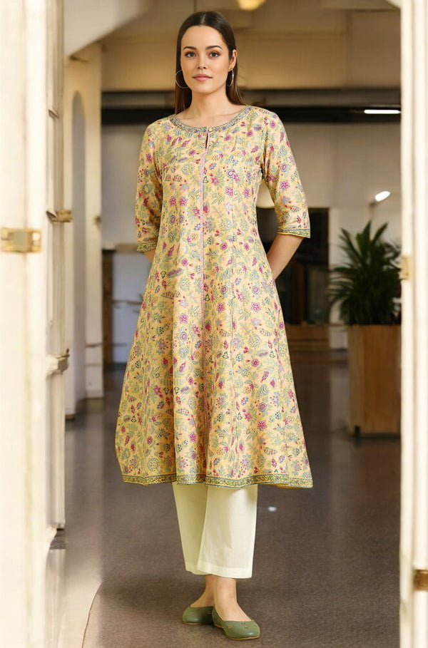 Yellow Floral Glitter Printed Pure Cotton Anarkali Kurta